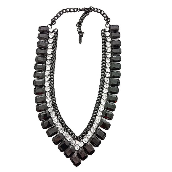 Stunning Natasha Black & Clear Rhinestone V Shape Statement Necklace - Picture 1 of 4
